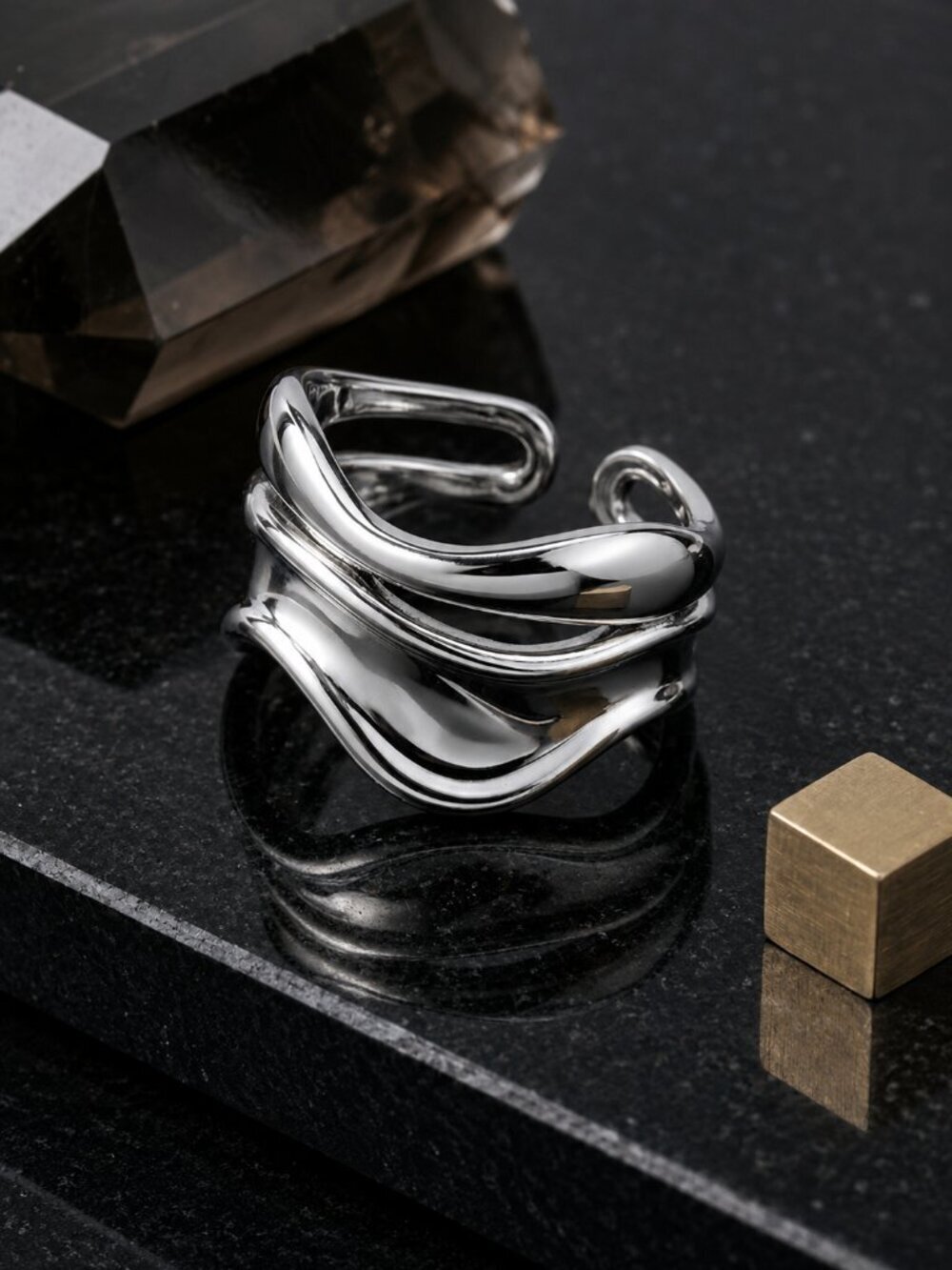 18K White Gold Plated Stainless Steel Open Wave Ring Minimalist Adjustable 7-9 - Picture 12 of 14